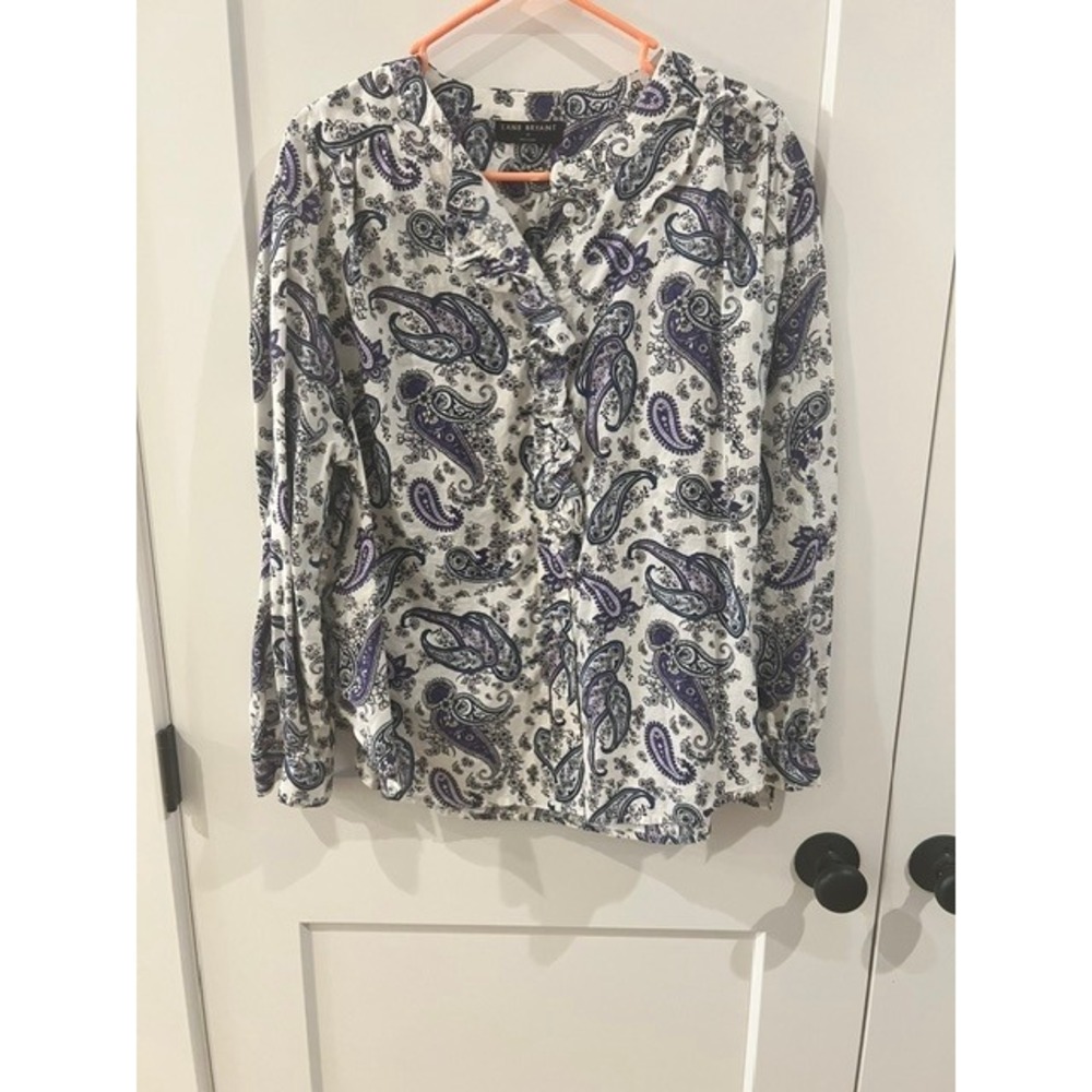 Lane Bryant Paisley Ruffle Button Up Blouse Purple White Long Sleeve Top 14